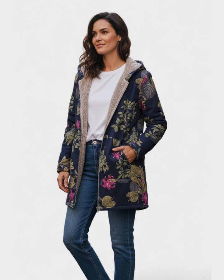 Aurora | Marineblå Have Blomster Plys Frakke 